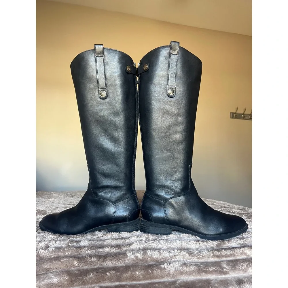 Sam Edelman Penny Riding Boots Black Leather‎ Knee High Back Zip Women 7.5M